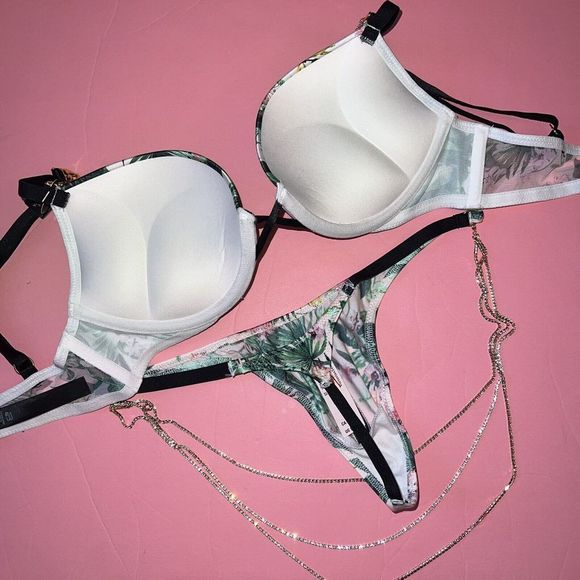 Victoria's Secret 32A,32B BOMBSHELL BRA SET XS GREEN pink Palm Gold SHINE STRAP - Picture 3 of 4